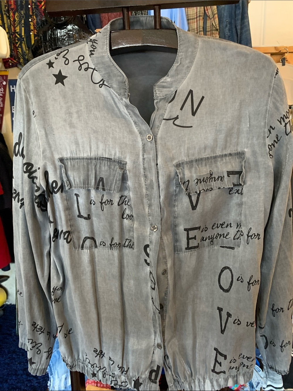 Grey Script-Print Men's Button Shirt